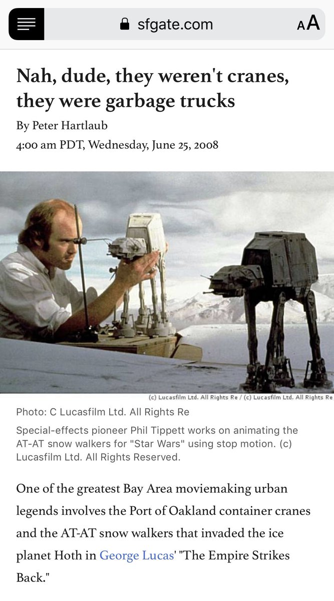 3.  #StarWars creator George Lucas and AT-AT stop-motion animator Phil Tippett both refuted the claim that the walkers were inspired by Oakland cranes in a 2007  @SFGate interview. “That’s a myth,” Lucas said.MYTH BUSTED