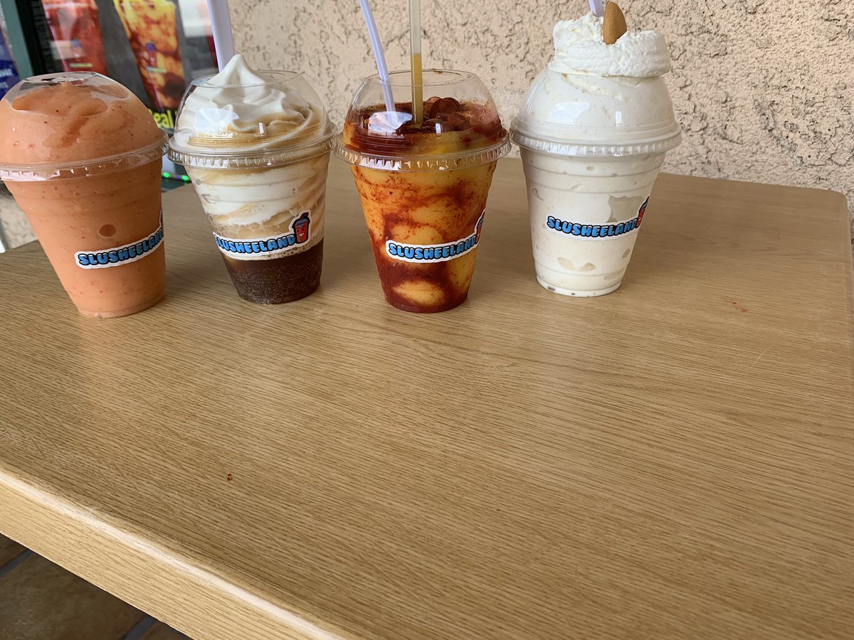 nikki_jean037's tweet photo. The valley is hot today. Had to hit up @slusheeland Featured: triple flavor mix, root beer float, mango explosion, banana pudding shake!! #slushee #slusheelove #whenitshotoutside #wegetslushees #shakes #explosions #frozentreats #frozengoodness😋 https://t.co/1qfvHhX2qc