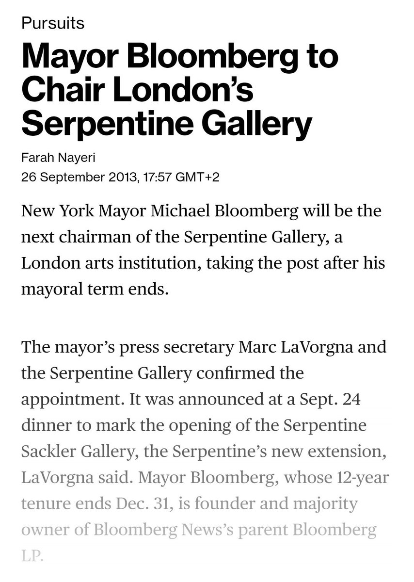 Jeffrey Epstein has been a long-time supporter of Mayor Michael Bloomberg, who was director of the Serpentine together with Palumbo and the very shady Roger Bramble, director of Amsterdam Travel Services. https://twitter.com/ciabaudo/status/1058388376825589762?s=19 https://twitter.com/ciabaudo/status/1058388376825589762?s=19