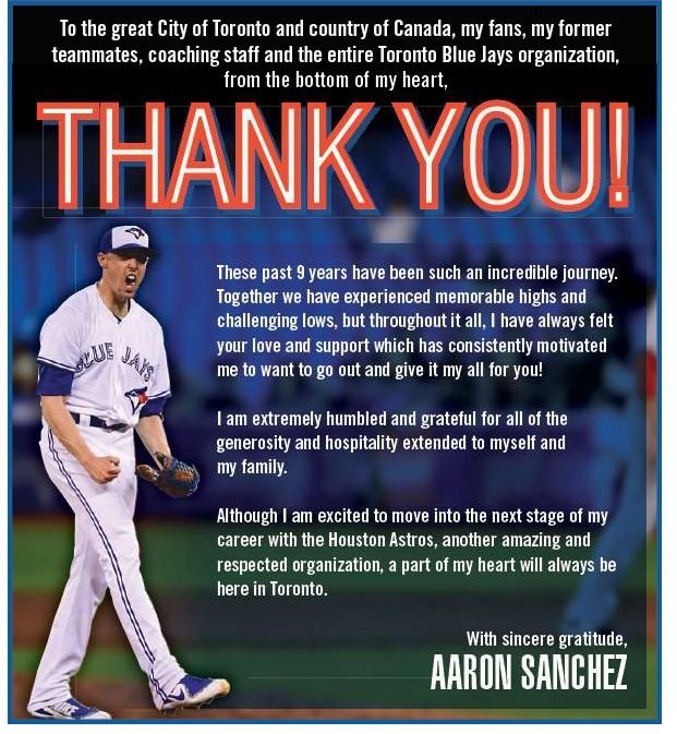 ArashMadani's tweet photo. This is the ad Aaron Sanchez has taken out in tomorrow's Toronto Sun, expressing his appreciation for the Blue Jays opportunity. 
 
When he was traded, he held an emotional media scrum thanking the fans, then went on PTS and @timandsid to do the same. 
 
Class personified. https://t.co/MVLyrbuNMo