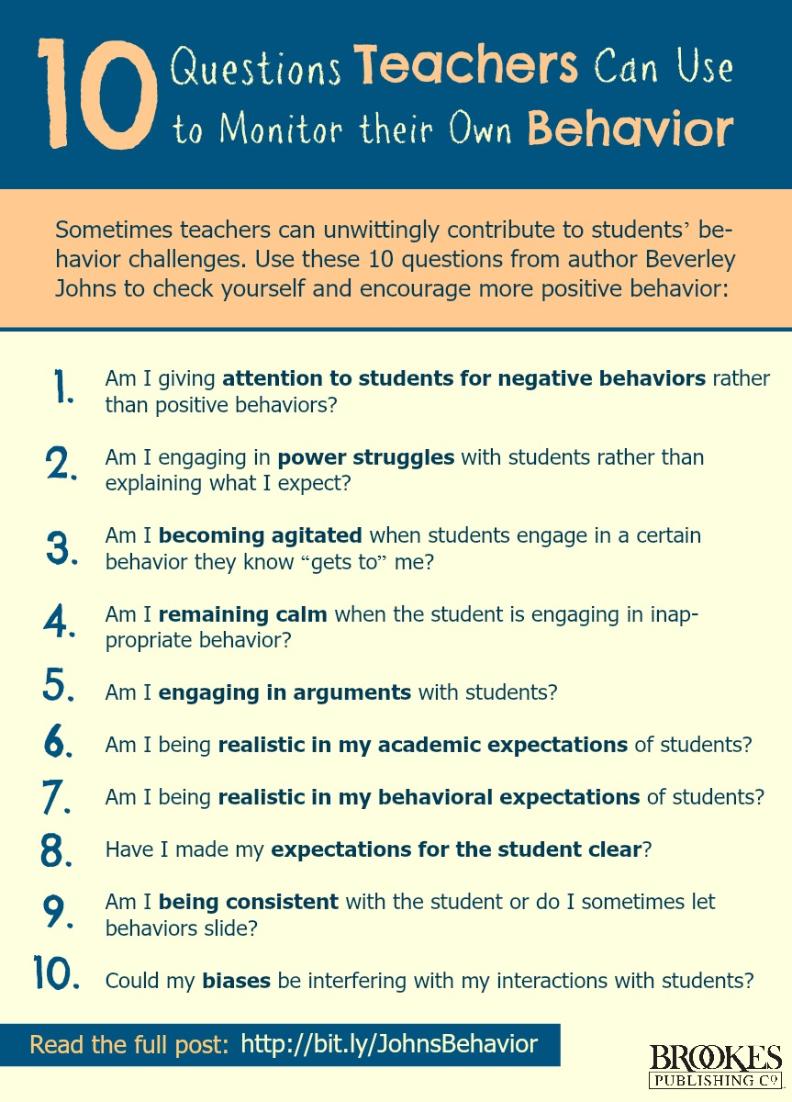 BrookesPubCo's tweet photo. 10 questions that #teachers can use to monitor their own #behavior in the classroom. (Read the full post here: https://t.co/Yn7Hy1Iibx) #edchat https://t.co/oexx45jHas