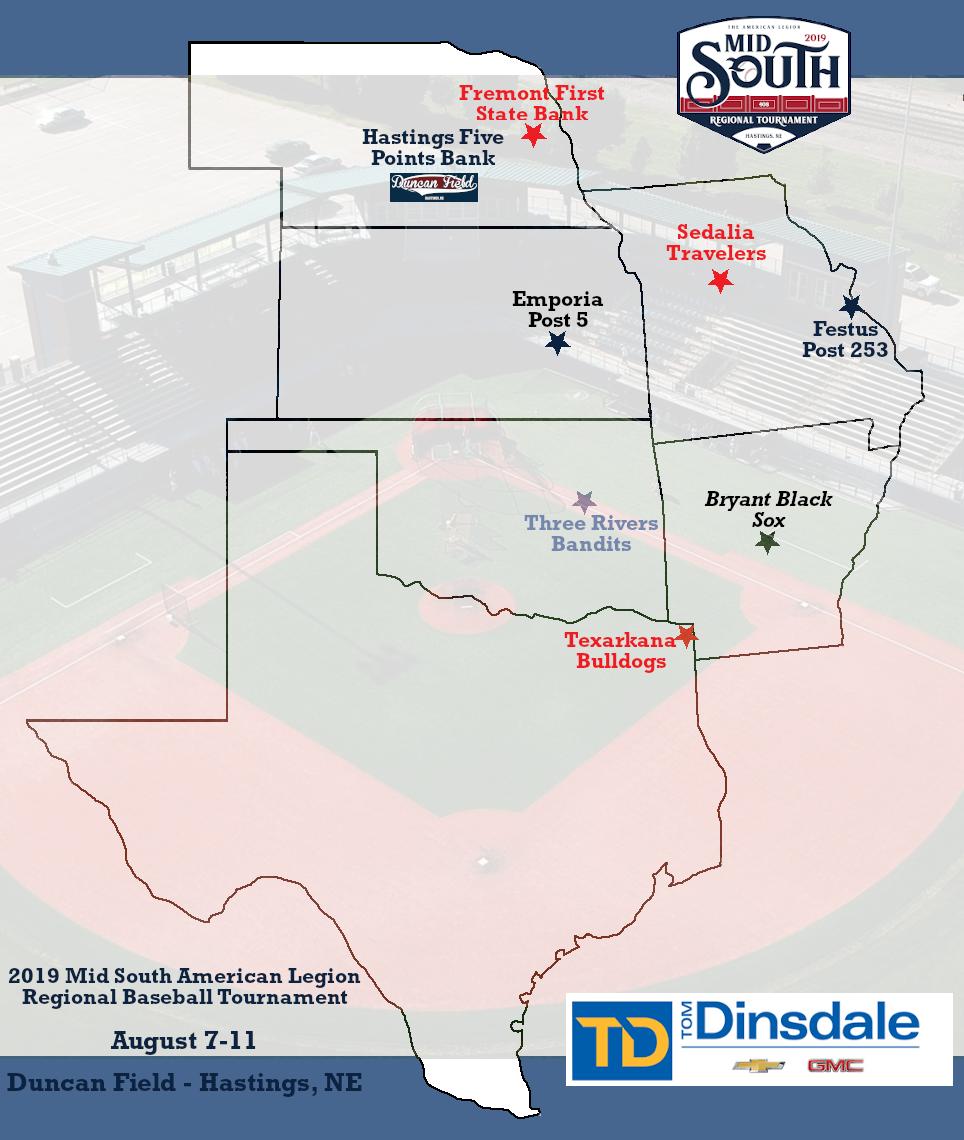 DuncanField's tweet photo. The Mid South Regional field for Duncan Field in Hastings, NE is set. Who will will end up at the @ALWS_Shelby?
Bryant, AR Post 298
Emporia, KS Post 5
Festus, MO Post 253
Sedalia, MO Post 642
Fremont, NE Post 20
Coweta, OK Post 226
Texarkana, TX Post 25
Hastings, NE Post 11 https://t.co/SxIvSpnPpN