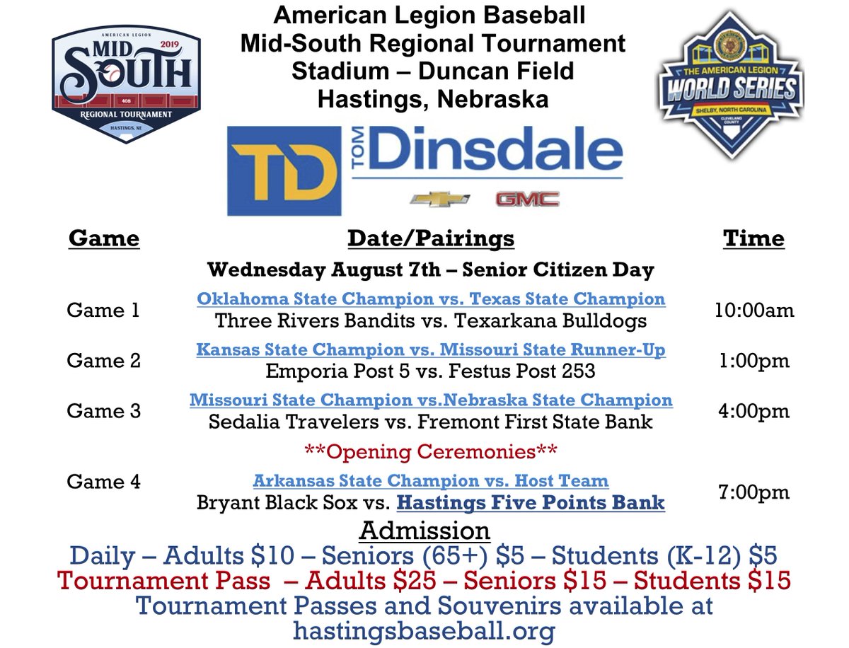 DuncanField's tweet photo. The Mid South Regional field for Duncan Field in Hastings, NE is set. Who will will end up at the @ALWS_Shelby?
Bryant, AR Post 298
Emporia, KS Post 5
Festus, MO Post 253
Sedalia, MO Post 642
Fremont, NE Post 20
Coweta, OK Post 226
Texarkana, TX Post 25
Hastings, NE Post 11 https://t.co/SxIvSpnPpN