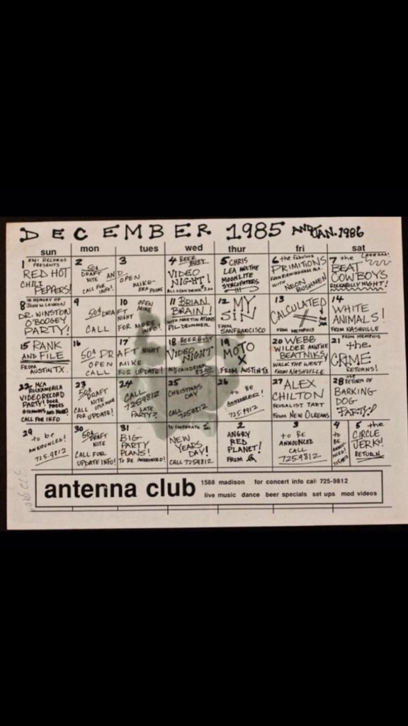 The #AntennaClub in @ilovememphis was MY rock club! Pretty good lineup in Dec of 1985! #redhotchilipeppers @RHCPFansite #rankandfile #alexchilton #whiteanimals and #thecrime in one month! This is why I have hearing aids now!! #Memphis #rocknroll @PunKandStuff ☺️