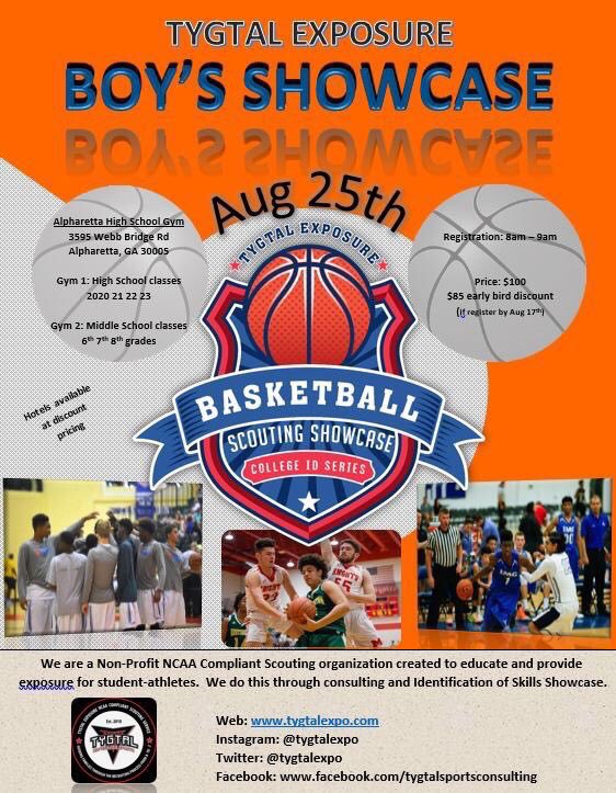 Saturday August 24th and Sunday August 25th the <a href="/tygtalexpo/">TYGTALEXPO</a> basketball Showcases will be in Alpharetta,Ga at Alpharetta HS. Register today at tygtalconsulting.com/ref/6/