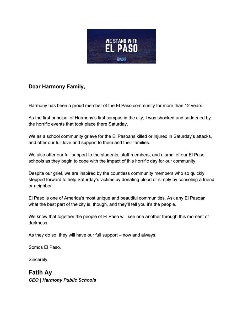 To the students, staff members and alumni of our El Paso schools, as well as the entire community, you have our full support.

Somos El Paso. #ElPasoStrong