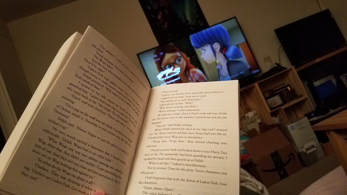 MAllen2401's tweet photo. Spent the day at the corn fest. Kids had a bath and are in bed. But now the big question... do I finish reading my book? Or do I finish watching this episode of Miraculous Ladybug? #howaboutboth? #whyamisuckedintokidstv? #HCSDREADS19 #AES https://t.co/p9Xp5Lp2qj