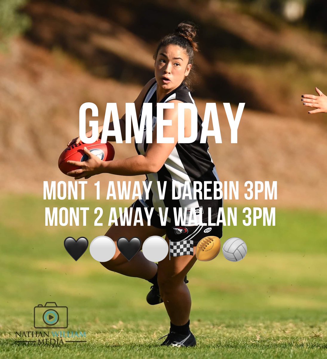 MontyFNC's tweet photo. Gameday. The final H&A round of @ANZ_AU @northernfnl Div 1 footy as we head off to @DarebinFalcons whilst Mont 2 travel to @WallanFNC 🖤⚪️🖤⚪️🏁🏉🏐#mfnc https://t.co/Q23SySrd9O