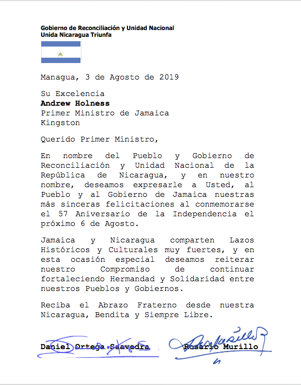 Nicaragua envía mensaje a Jamaica por el 57 aniversario de su independencia