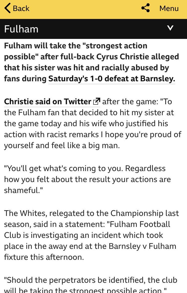 ArsenalIndians's tweet photo. Not the greatest use of Fulham’s nickname in this article given the context. Especially considering its not even their proper nickname... #CyrusChristie #Fulham #SayNoToRacism https://t.co/N2y6dKmury