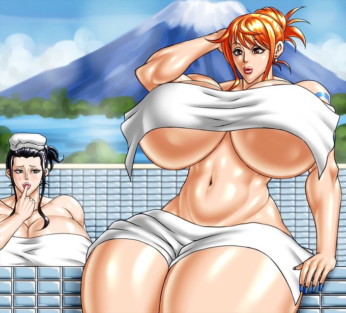 長い船旅生活で溜まった汚れをモモの助に洗ってもらうナミさんとそれを羨ましそうに見つめているロビンちゃん。 