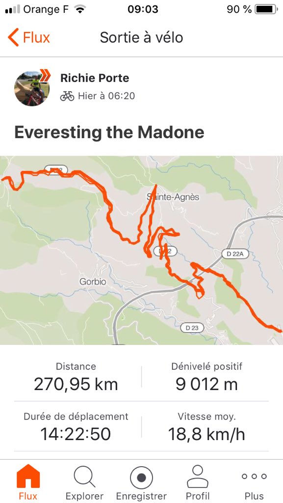 La sortie hallucinante de <a href="/richie_porte/">Richie Porte</a> hier. 11x la Madone, 270kms, 14h22, 9000m de D+ 😭😭
