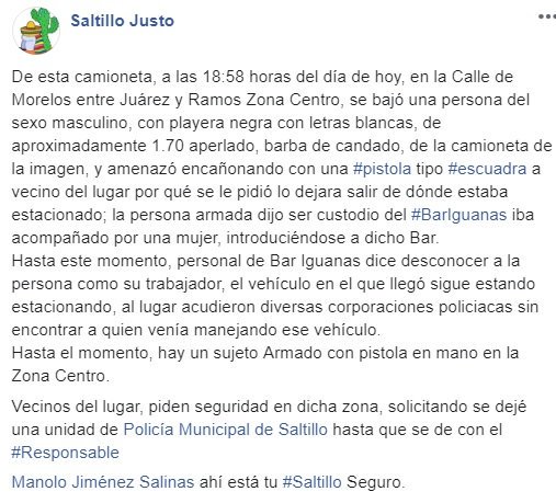 saltillojusto's tweet photo. @manolojim aquí esta tu #Saltillo Seguro, hombre Armado en calle Morelos frente al Iguanas, hasta el momento ahí se encuentra la camioneta, el hombre traía un arma tipo #Escuadra ¿será uno de tus policías? o será un policía de @mrikelme https://t.co/7KSZvaFcA5