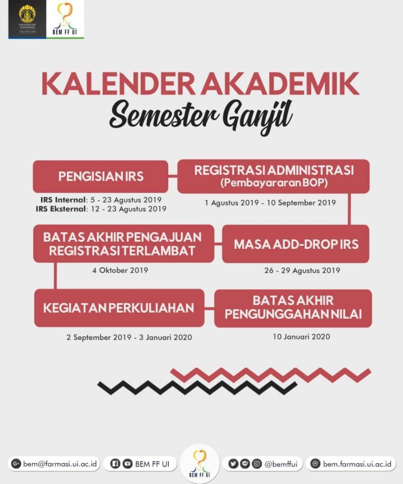[KALENDER AKADEMIK SEMESTER GANJIL T.A. 2019/2020] 

Halo Farmasi! 

Yuk simak dan catat tanggal-tanggal penting berikut untuk perkuliahan semester ganjil 2019/2020. 

#InfoAdkesmaFFUI

Departemen Advokasi dan Kesejahteraan Mahasiswa 
BEM FF UI 2019
#KreasiPenuhArti