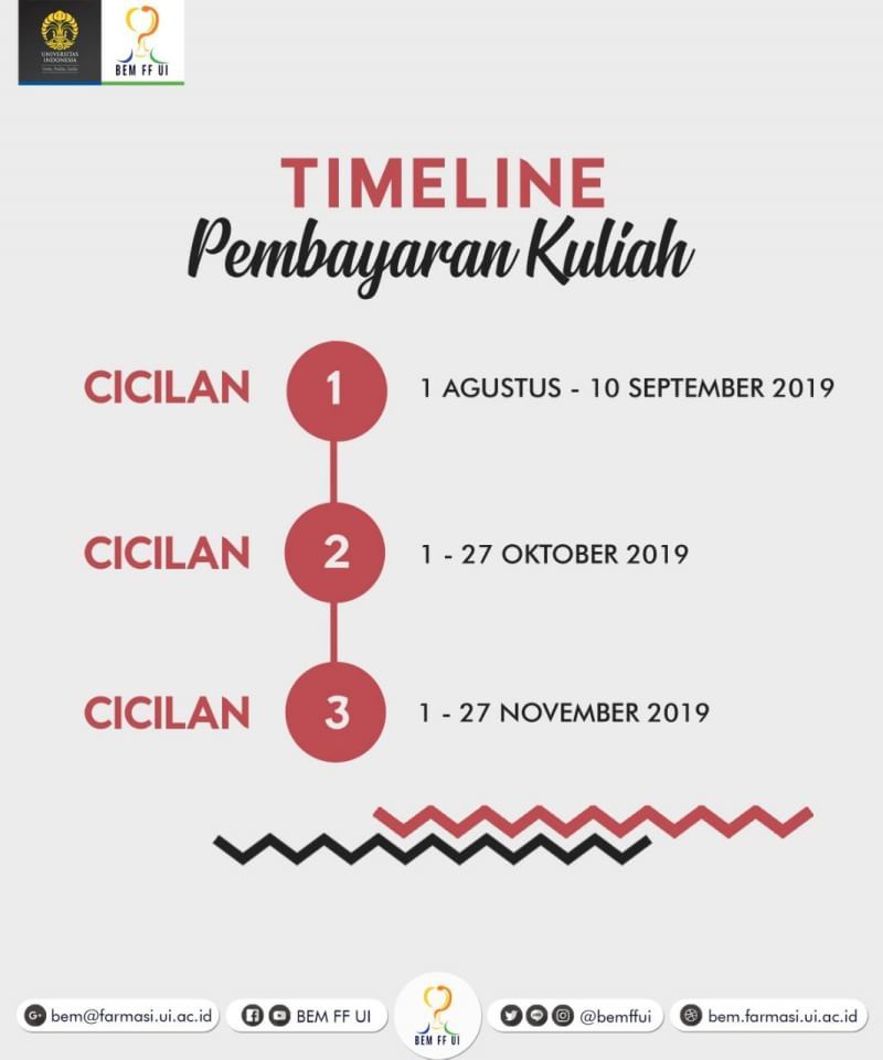 [TIMELINE PEMBAYARAN CICILAN] 

Halo Farmasi! 

Yuk simak dan catat tanggal-tanggal penting berikut.

Cara pembayaran kuliah dapat di cek pada laman: bit.ly/PembayaranUI 

#InfoAdkesmaFFUI 

Departemen Advokasi dan Kesejahteraan Mahasiswa 
BEM FF UI 2019 
#KreasiPenuhArti