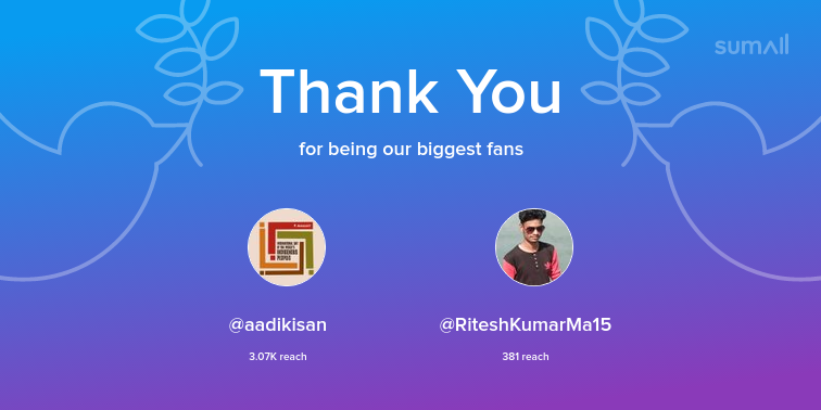 Our biggest fans this week: aadikisan, RiteshKumarMa15. Thank you! via sumall.com/thankyou?utm_s…