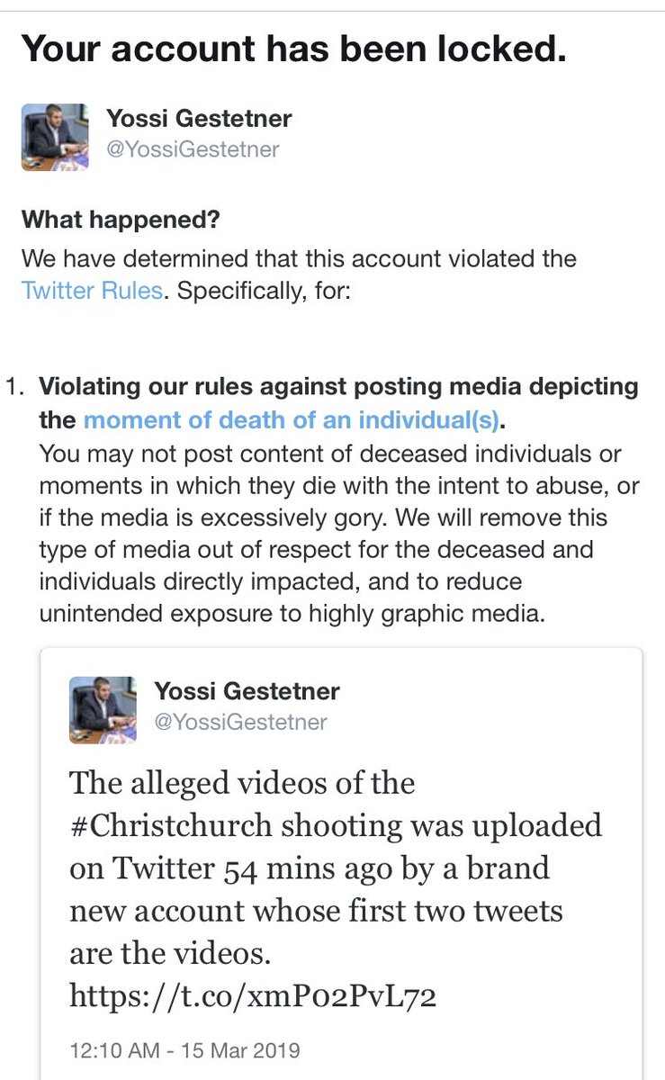 Tuesday,  @Twitter locked me out for doing journalism after the March 2019 shooting in NZ. I merely pointed out that a new Twitter account is the one spreading vids of the shooting. This "violation" is a strike & may help lead to a permanent suspension if I have more "violations."