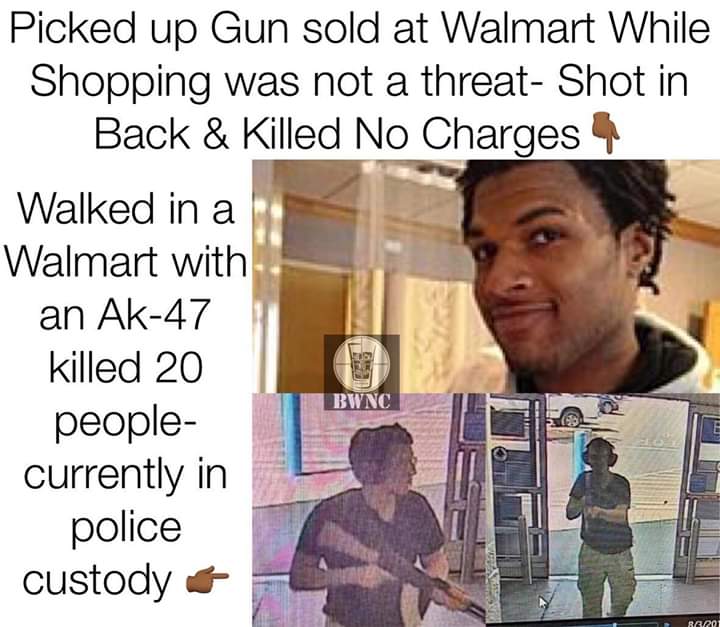 DMwambonu's tweet photo. Domestic Terrorism in the form of white supremacy.If he was black he would have been shot  dead instantly. My heart goes out to the fallen victims and their families. El Paso didn’t deserve this just like John Crawford didn’t deserve this.

 #walmartshooting  #WhitePrevilege https://t.co/GBPe1iXTkL