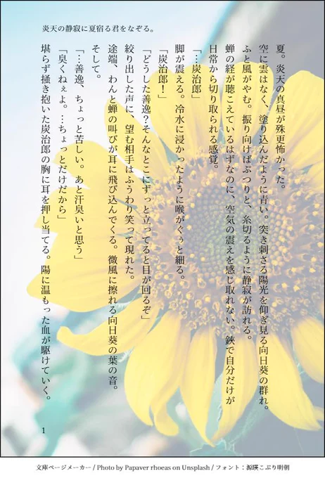 【善炭】夏にTLでお見かけする向日葵畑で攫われ～の感じと、夏の真昼に時が止まったようにプツッ…と静寂が訪れる感じを混ぜくったものに善炭を押し込んだもの。メーカーさん憧れなので一度使わせていただきたかった…
文章つくれないので雰囲気…雰囲気で察してください('・ω・`) 