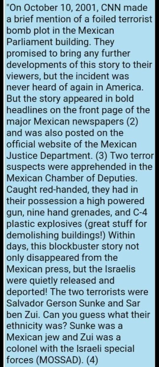 BrandonScarcel1's tweet photo. 10/10/2001 Mossad arrested with detonators &amp; c4.
They nearly blew up Congress of #Mexico (draw Mexico into FAKE #WarOnTerror )
...ONE MONTH after Israel's Mossad destroyed WTC 911 for YINON PLAN
#Jesus #JesusSaves #YHWH #Bible #Prayer #Christians #WWJD #911victimscompensationfund https://t.co/R7JFih46s7