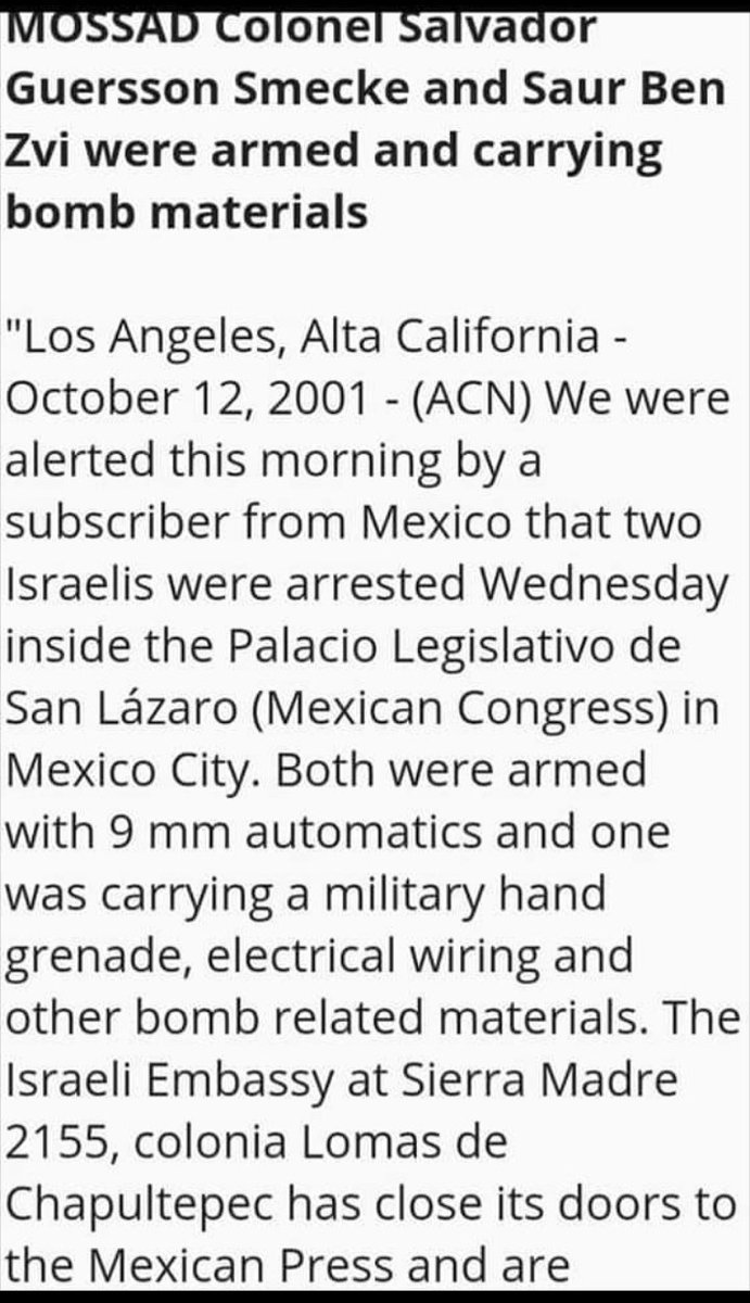 BrandonScarcel1's tweet photo. 10/10/2001 Mossad arrested with detonators &amp; c4.
They nearly blew up Congress of #Mexico (draw Mexico into FAKE #WarOnTerror )
...ONE MONTH after Israel's Mossad destroyed WTC 911 for YINON PLAN
#Jesus #JesusSaves #YHWH #Bible #Prayer #Christians #WWJD #911victimscompensationfund https://t.co/R7JFih46s7