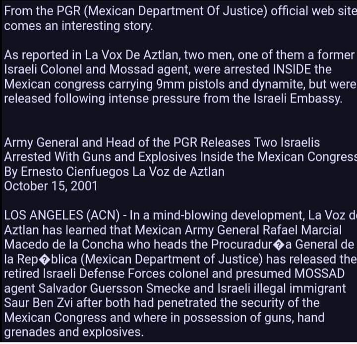 BrandonScarcel1's tweet photo. 10/10/2001 Mossad agents arrested with detonators and c4.
They nearly blew up Congress of #Mexico (to draw Mexico into support for FAKE #WarOnTerror
...ONE MONTH after Israel's Mossad destroyed WTC 911 for YINON PLAN
#USMC #USAF #NavySEALS #ArmyMeansFamily #Veterans #USNavy #USA https://t.co/FLzIE0tzsx