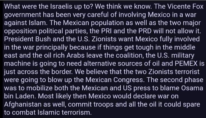 BrandonScarcel1's tweet photo. 10/10/2001 Mossad agents arrested with detonators and c4.
They nearly blew up Congress of #Mexico (to draw Mexico into support for FAKE #WarOnTerror
...ONE MONTH after Israel's Mossad destroyed WTC 911 for YINON PLAN
#USMC #USAF #NavySEALS #ArmyMeansFamily #Veterans #USNavy #USA https://t.co/FLzIE0tzsx