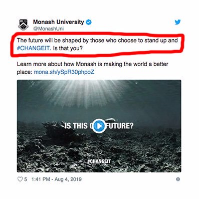 NTEUVictoria's tweet photo. Yes, it's us! 

Let's work together to 'make the world a better place' and help the 73% of YOUR workforce in insecure work.

Our version of the #CHANGEIT marketing video here: https://t.co/A57WAr63NK

#nosickpay #nochristmas 

#MonashOpenDay #Monash #CHANGEIT #insecurework https://t.co/128WHE3TeW