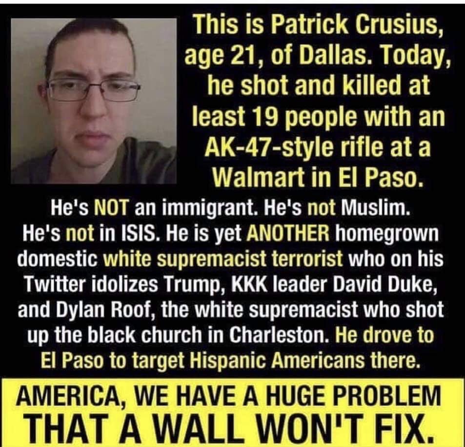 munbips's tweet photo. #ElPaso #walmartshooting A terrorist opened fire and killed ‘multiple’ people who were doing their Saturday shopping at the Cielo Vista Mall in El Paso. https://t.co/jmNzTPh4Vm