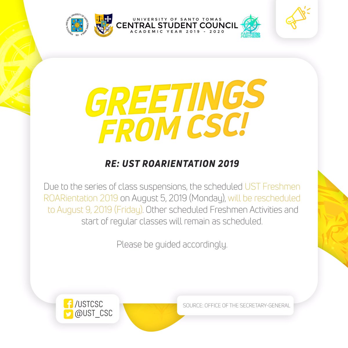 CSC ADVISORY
RE: ROARientation 2019

Please be guided accordingly.

Source: Office of the Secretary General
#CSCFartherAndFurther