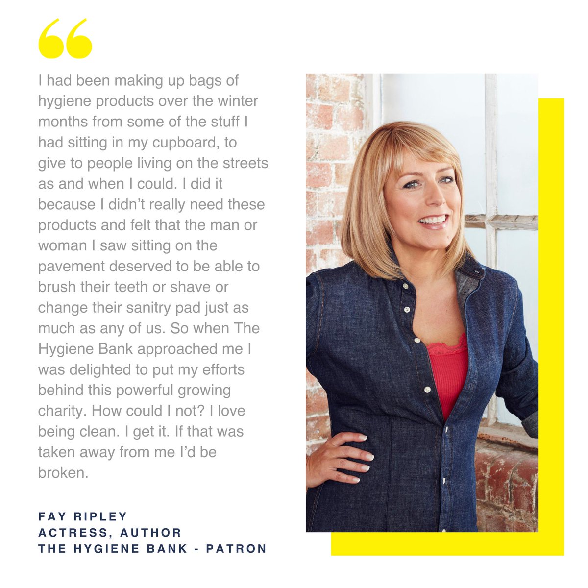Our much loved patron <a href="/FayRipley/">Fay Ripley</a> tells us why she felt compelled to get involved with The Hygiene Bank. 
#ItsNotOk #EndHygienePoverty #TheHygieneBank