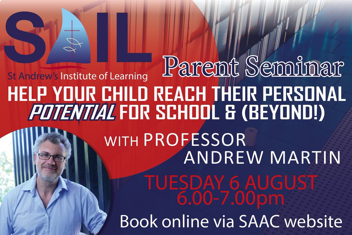 SAIL_AUSTRALIA's tweet photo. This Tuesday SAIL will host Professor Andrew Martin who will present on "Boosting Motivation & engagement: Help your child reach their Personal
Potential for school (& beyond!)" @ St Andrew's HIVES Learning Hub. #engagement #wellbeing #studentcapacity https://t.co/5zT30pORdY
