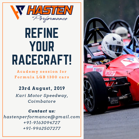 Get Ready!

First driver training program for Hasten Performance coming up on 23rd August at Kari Motor Speedway. Limited slots available.

You. Racecar. Racetrack. Lots of data...

#BornToRace
#BecauseRacecar
#fmsci
#jknrc
#mrf
#flgb1300