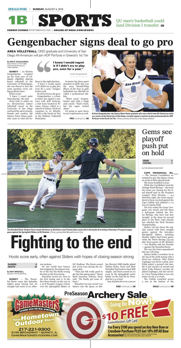 SchuckSports's tweet photo. Take a look at Sunday's front page of @WhigSports with QND graduate Kristen Gengenbacher getting the chance to play professional volleyball. @APSE_sportmedia https://t.co/S3bCjBwU3A