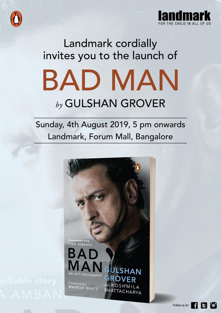 Roshmila's tweet image. TODAY @GulshanGroverGG will be in the Garden City with @mahimachaudhrym and our book #BadMan
See him in person and get his autograph on your copy today at #LANDMARKSTORE #FORUMMALL
#BANGALORE
#5PM ONWARDS
DON'T MISS THE CHANCE TO GET #BOOKED WITH #KINGDON AND #KESAROYAVILAYATI...