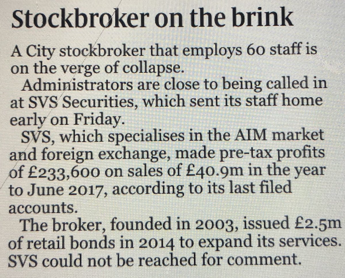 DavidBurton1971's tweet photo. “Stockbroker on the brink” @TimesBusiness 

Yet another kick in the teeth for #AIM this. #beauforts was a “one off” we were told, now #SVS 

...will there be others? Credibility going out the window. @TheFCA to busy looking at individuals while letting firms get away with murder https://t.co/tk5Z4yR4na