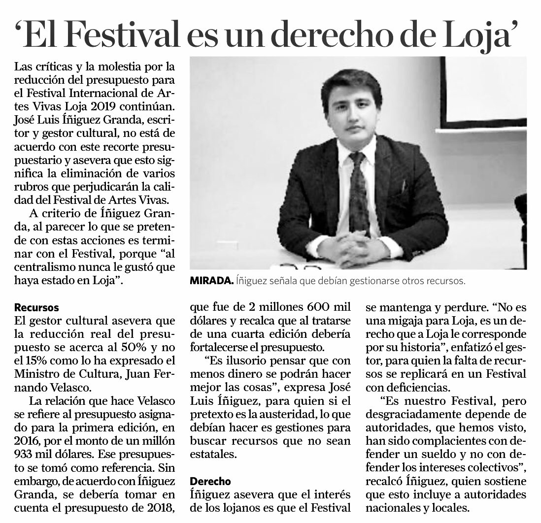 jlig_96's tweet photo. Como lojanos tenemos el altivo deber de no agachar la cabeza ante la injusticia que se está cometiendo con Loja y su Festival, que no es sino un derecho por su histórica herencia cultural. 
Diario La Hora: https://t.co/vMzsYPxQhd https://t.co/bobGCJK9za