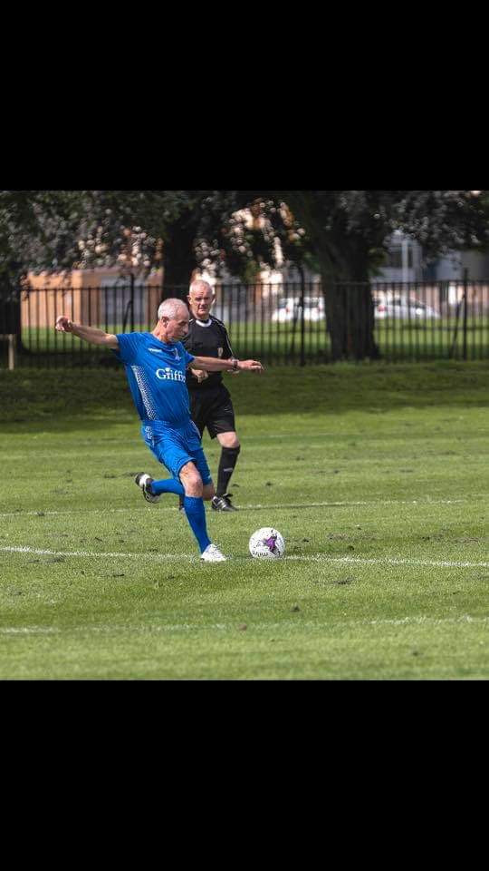 Milton_AFC's tweet photo. Pat kindly models the new strip for the new season which will carry a nice inscription for Mick on the sleeve. The man himself had the duty to kick the first ball taking centre before his reluctant substitution! (Glad the hip held up!) https://t.co/MrSTzBPG6S