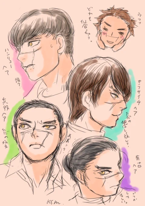 スギモっさん、顔がいいから髪型なんでも似合うんだろうな、と思いながららくがきしてました。一押しはアリコヘア。 