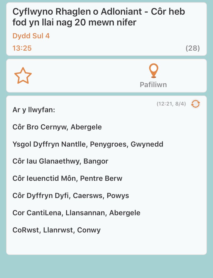 Pob lwc i fyfyrwyr a chyn-fyfyrwyr <a href="/PerfformioYDDS/">BA_Perfformio</a> sy’n canu mewn corau prynhawn ‘ma yn <a href="/eisteddfod/">eisteddfod</a> Mae hi am fod yn dipyn o gystadleuaeth! <a href="/sion_emlyn/">Siôn Emlyn</a> <a href="/cateyfychs/">cati🏴󠁧󠁢󠁷󠁬󠁳󠁿</a> @cadijones98 <a href="/CorDyfi/">Côr Dyffryn Dyfi</a>