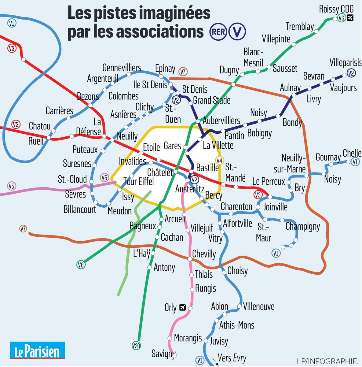 La carte du collectif Vélo Île-de-France pour un projet de réseau express régional vélo (RER V) >> leparisien.fr/info-paris-ile…