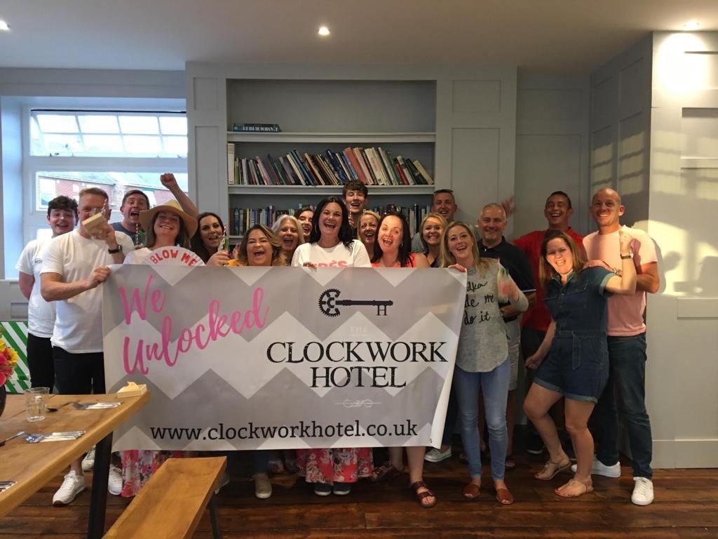 ClockworkHotel's tweet photo. Congratulations to Tania Lynam and her group who found the keys to The Clockwork Hotel within the hour on Saturday night! #puzzlehouse #escaperoom #fun #hotel #teamwork https://t.co/8zz7QDZfzH