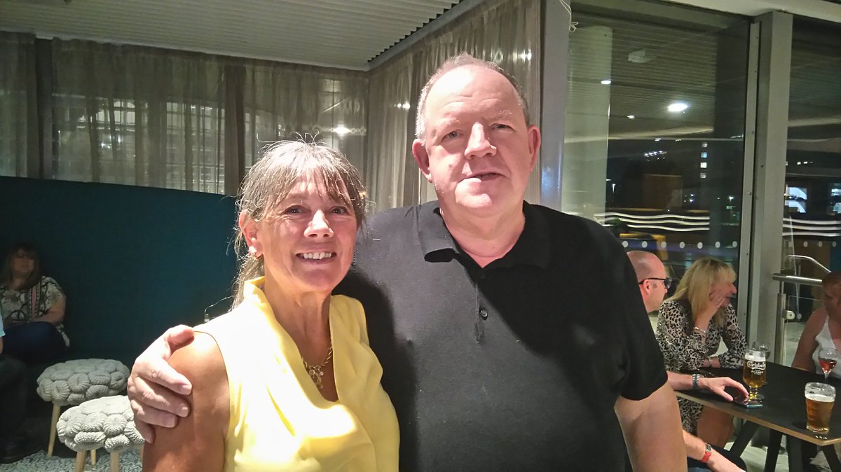 StevePoppleton's tweet photo. My Mrs with a comedy genius after last? ever performance #earlydoors. Better 2nd time. Crowd loved it, surely has to be more somehow #philmealey Good job all #bbc https://t.co/btGwE67OUW