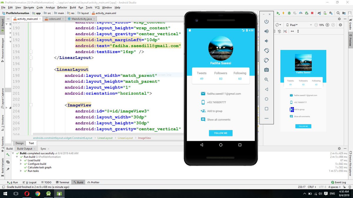 F_Saeedi11's tweet image. 2day we designed and finished one interface (#BackGround Information) we used from #view #TextView #Button #CardView #ImageView and typeOf #LinerLayout in our #Application in #android class at @CodeToInspire 
#Java 
#AfghanGirlsCode