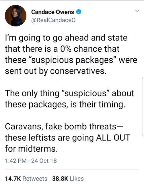 29/ When the MAGABomber stuff was going on before the midterms Charlie's friend, ex-employee, and fellow deceiver  @RealCandaceO tweeted this, then deleted it when proven wrong. Notice that it had almost 40k tweets at the time she deleted it, and her crazy caravan claim.