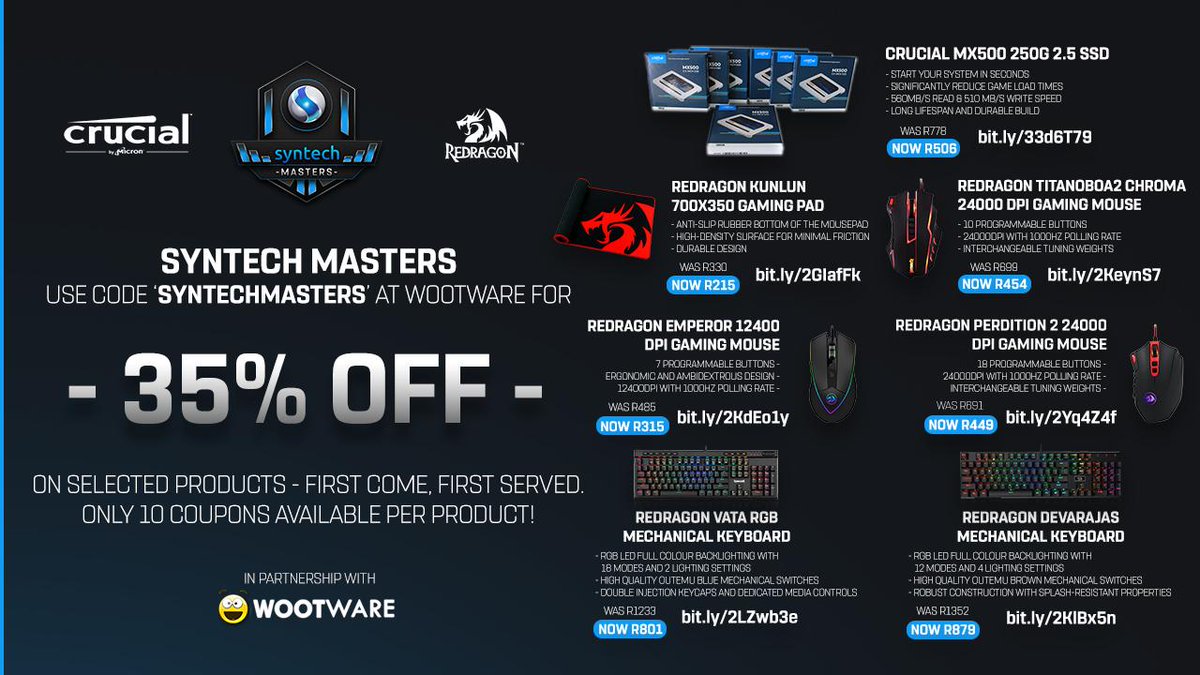Mettlestate's tweet photo. While you wait for the @SyntechSA Masters stream to kick off, why not head to the @wootware store by following the bitly links in the image and get yourselves some amazing offers, available for this weekend only! #SyntechMasters https://t.co/mQREEK3UAh