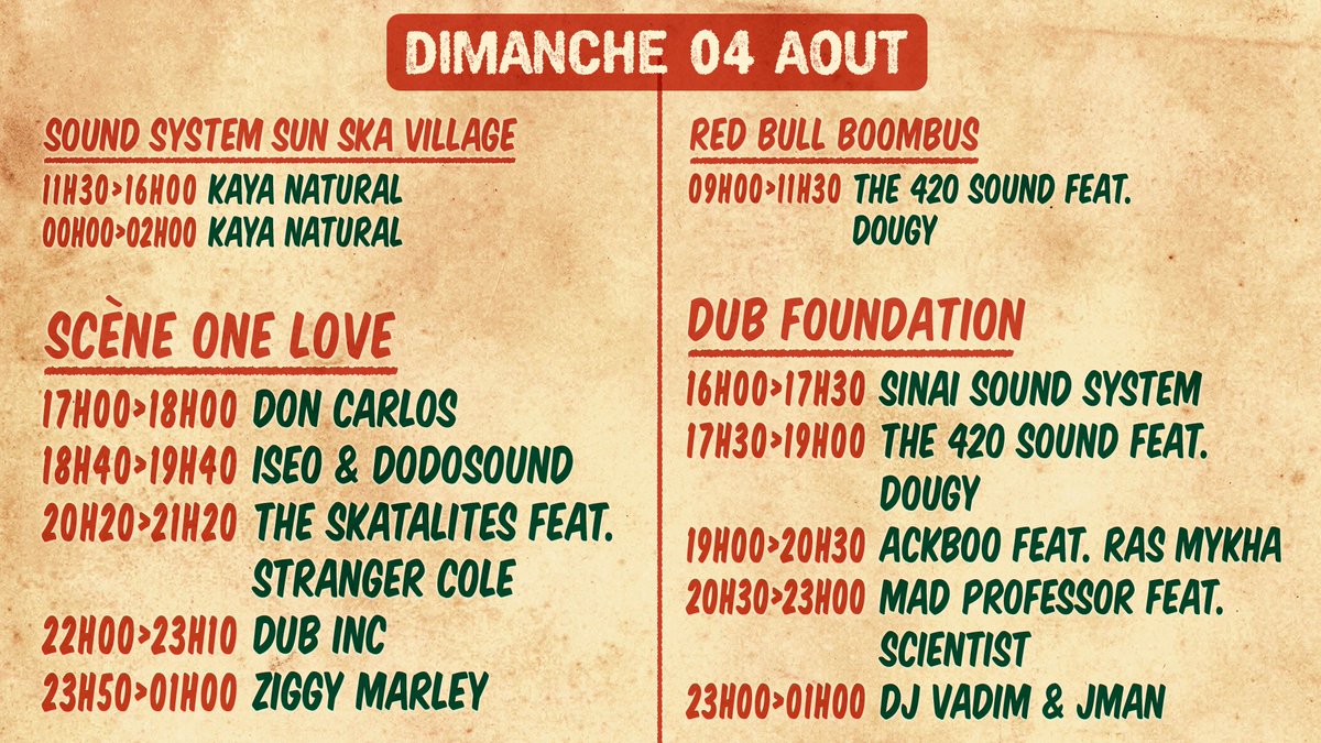 SunSkaFestival's tweet photo. 🦁 HORAIRES - DIMANCHE 4 AOÛT 🦁
⭐️Billetterie : 13h / 22h
😄Pose de bracelets / accueil camping 10h - 19h
⭐️ Point Info : 10h - 20h
🔥Site Concerts : 17h - 1h30 🔥
🚌 Boom Bus : 9h - 11h30h
🔈Kaya Sound System : 11h30 - 16h / 00h - 2h
#SunSka #SunSka2019 #MonSunSka https://t.co/5NtWJFRbl7