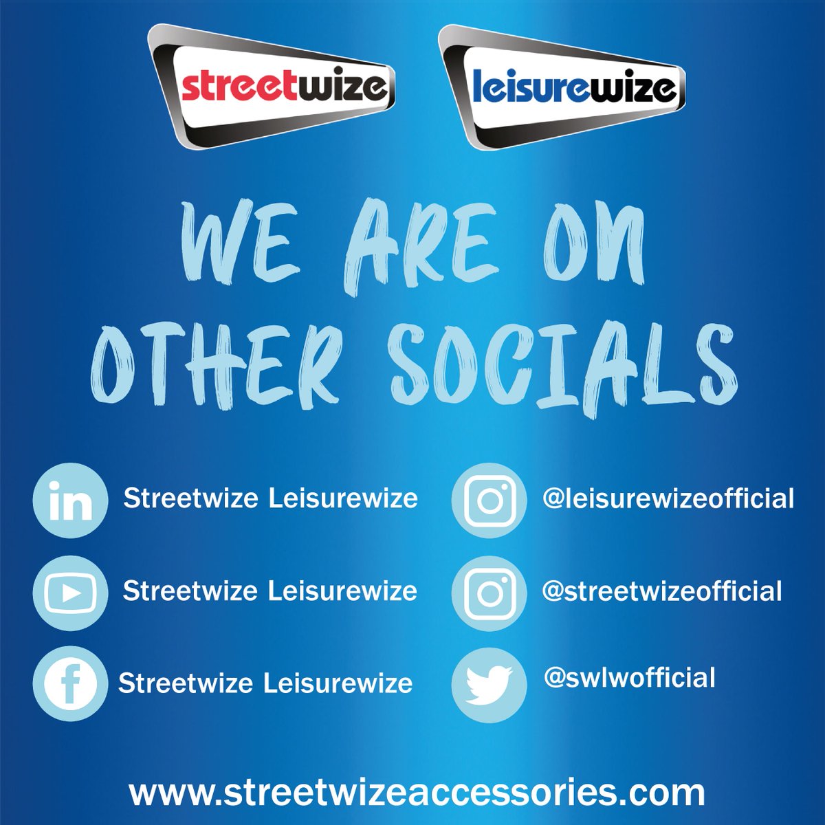 Join our community! subscribe to all of our socials for the latest updates, deals, news and product ranges. 

Have a great Sunday 👍

#streetwize #leisurewize #b2b #suppliers #traffordpark #manchester #wholesale #importexport #ukbrand #caraccessories #leisureaccessories #caravan