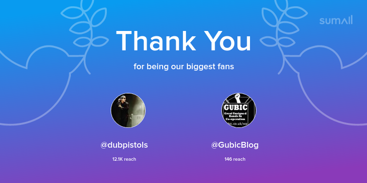 Our biggest fans this week: dubpistols, GubicBlog. Thank you! via sumall.com/thankyou?utm_s…