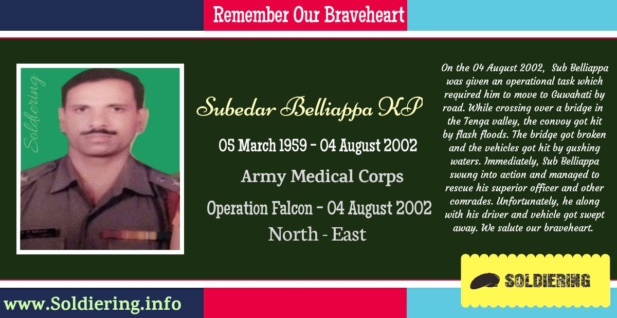 Soldiering_'s tweet photo. #RememberOurBraveheart Subedar Belliappa KP of #ArmyMedicalCorps made ultimate sacrifice in service of nation on 4th August 2002 while saving the lives of his fellow soldiers. We pay our homage to brave of #IndianArmy #SaluteToSoldier 

cc: @Gen_VKSingh @rwac48 https://t.co/jHCqcei7iy